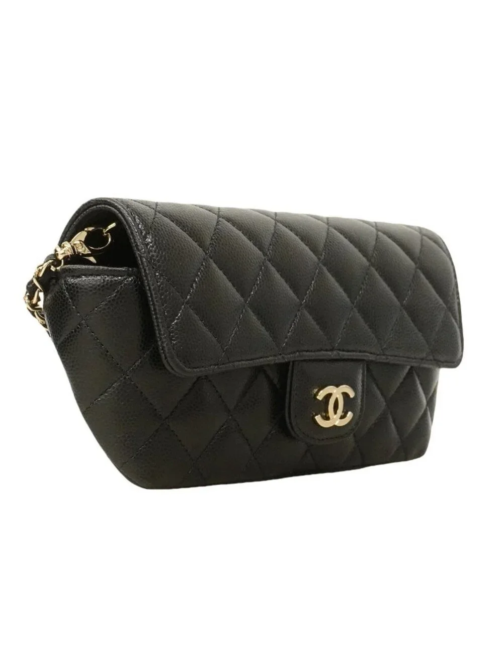 Chanel Shoulder Bag Quilted Caviar Leather Black Champagne Gold